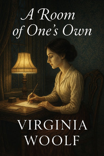 Book cover of 'A Room of One's Own' by Virginia Woolf featuring a woman writing at a desk.