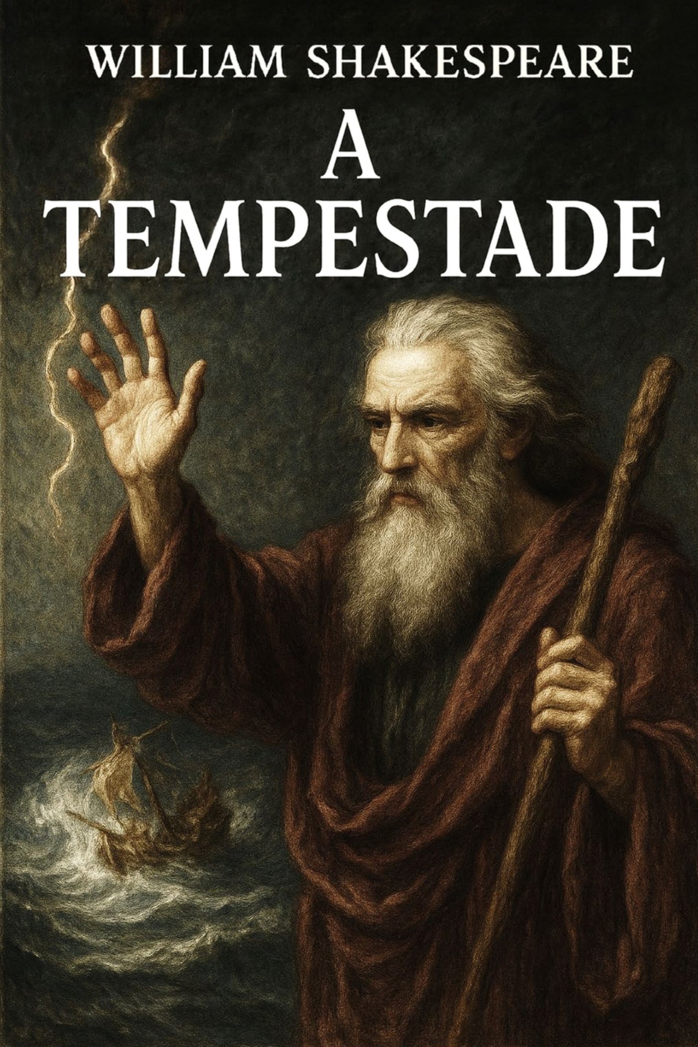 Book cover of 'A Tempestade' by William Shakespeare with a character from the play on a dark background.