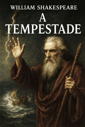 Book cover of 'A Tempestade' by William Shakespeare with a character from the play on a dark background.