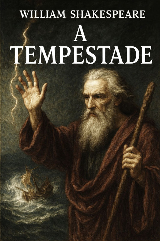 Book cover of 'A Tempestade' by William Shakespeare with a character from the play on a dark background.