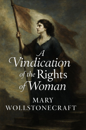 Book cover of 'A Vindication of the Rights of Woman' by Mary Wollstonecraft with a woman holding a flag.