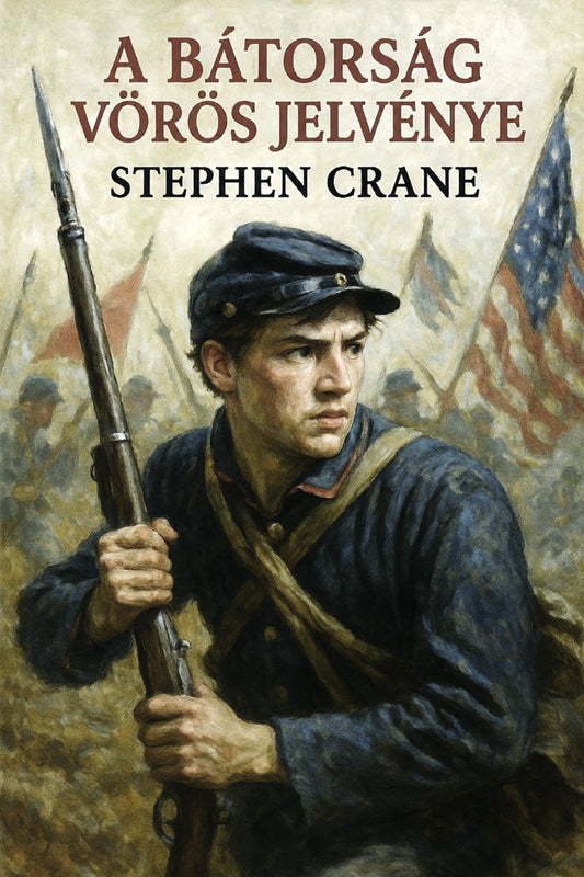 Book cover for 'A bátorság vörös jelvénye' by Stephen Crane, featuring a painted Civil War soldier in a blue uniform holding a rifle, with flags and the title text at the top.
