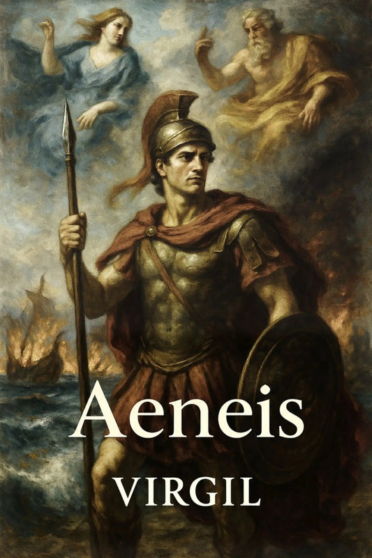 Book cover for 'Aeneis' by Virgil, featuring a classical painting of Aeneas in armor holding a spear and shield, with a ship and two divine figures in the background. The title and author name are printed in large white serif text across the lower half.