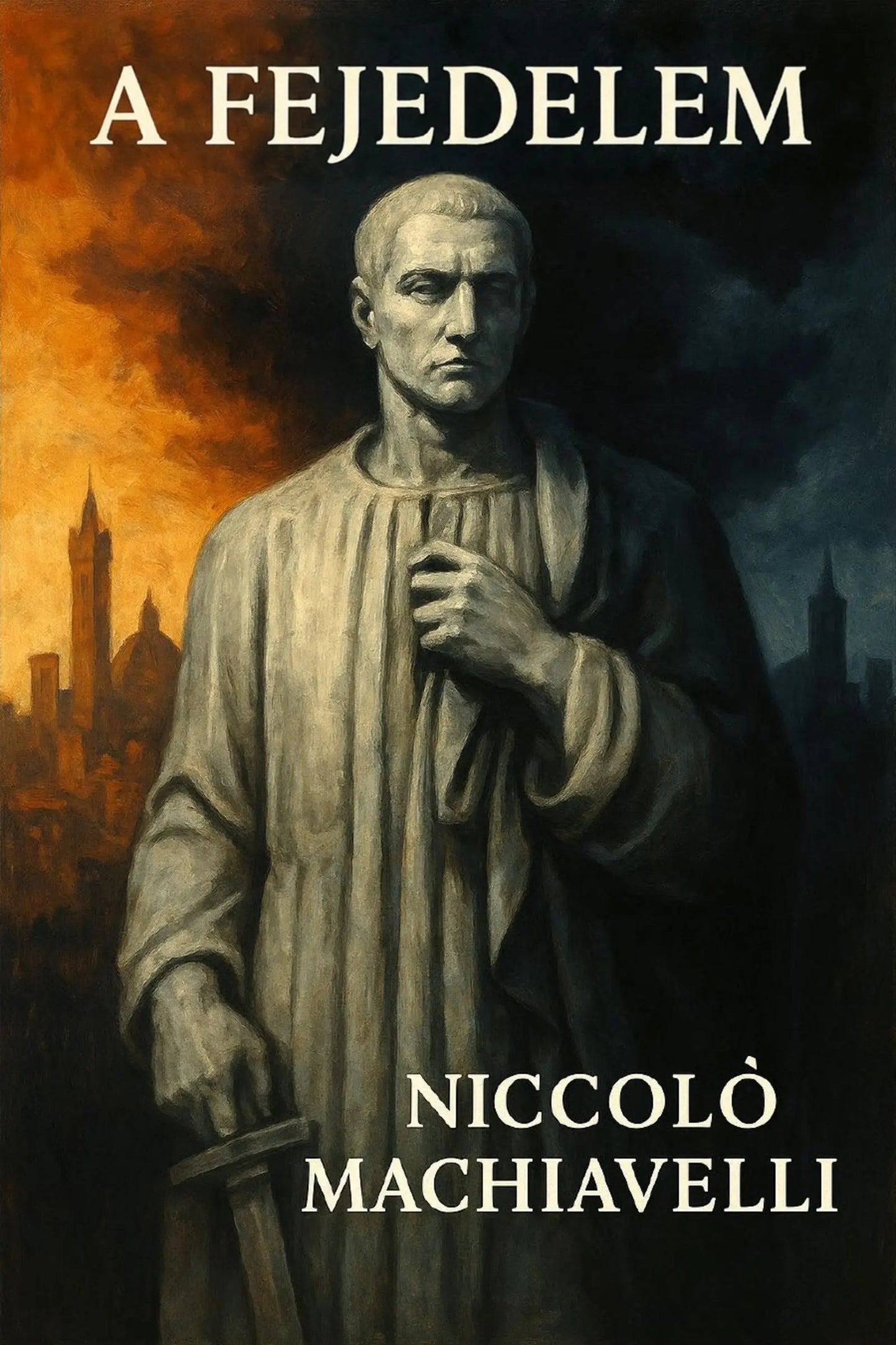 Book cover for 'A fejedelem' by Nicolò Machiavelli, featuring a painted portrait of a robed historical figure against a dark smoky sky with a fiery orange cityscape on the left.