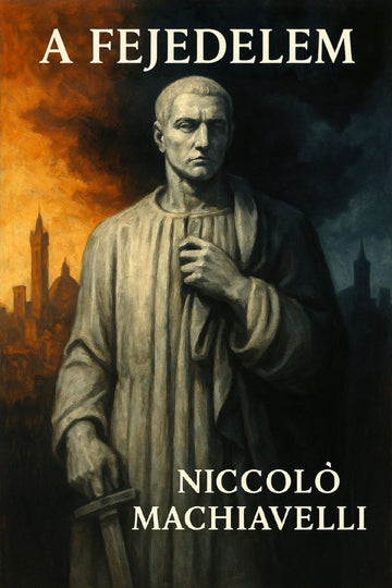 Book cover for 'A fejedelem' by Nicolò Machiavelli, featuring a painted portrait of a robed historical figure against a dark smoky sky with a fiery orange cityscape on the left.
