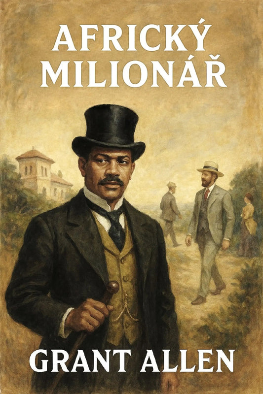 Book cover for 'Africký milionář' by Grant Allen, featuring a painted portrait of a man in a black top hat and dark suit against a sepia-toned background with other figures in the distance.