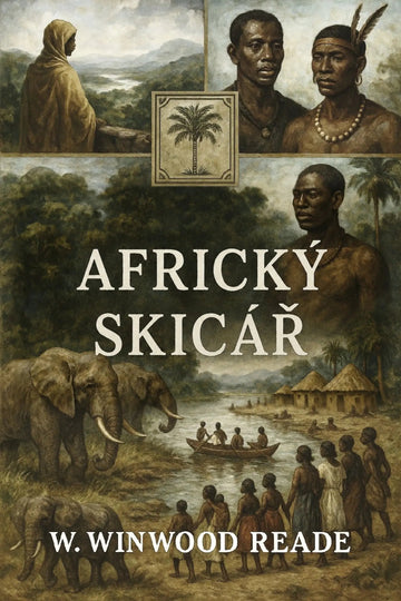 Book cover for 'Africký skicář' by W. Winwood Reade, featuring a collage of historical illustrations including elephants, people, a boat on water, and a central palm tree emblem.
