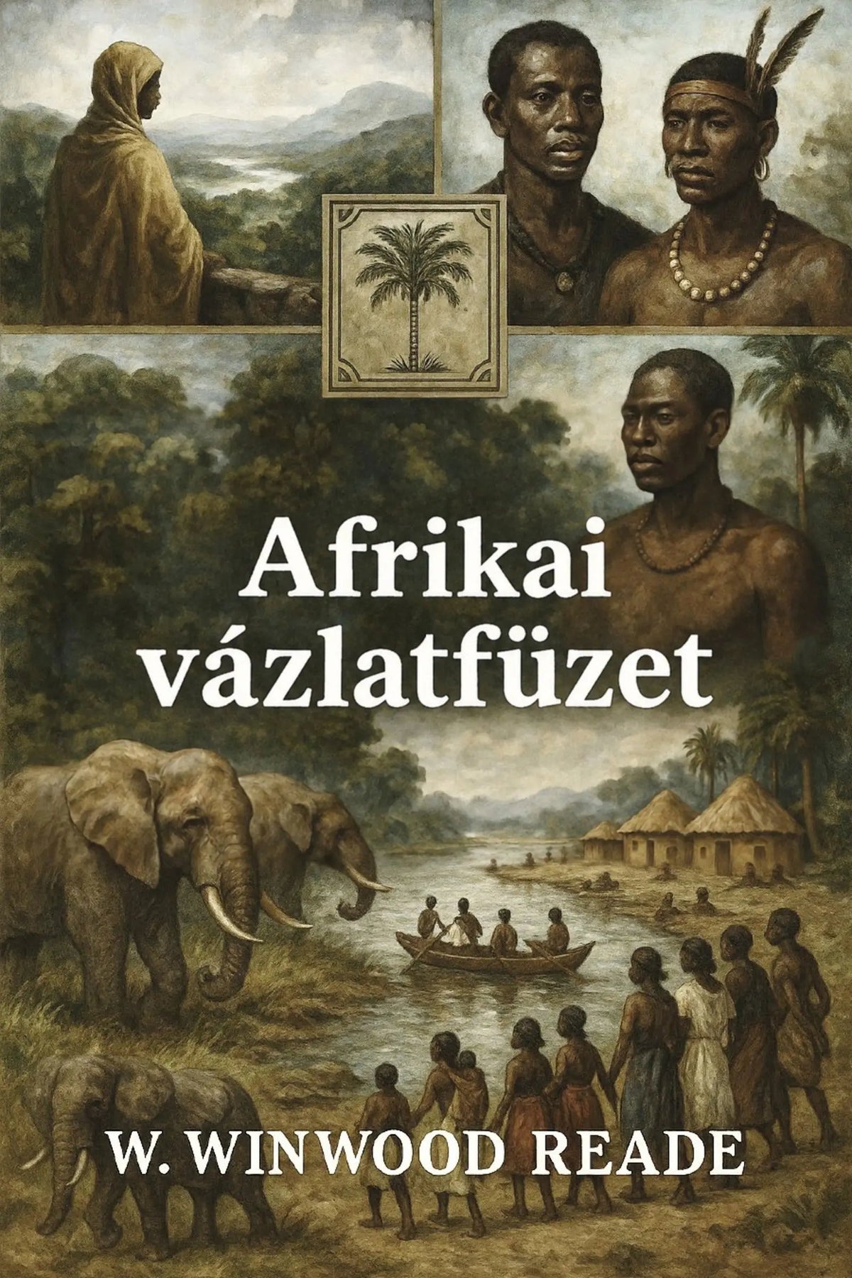 Book cover for 'Afrikai vázlatfüzet' by W. Winwood Reade, featuring a sepia-toned collage of African portraits, an elephant, a river scene with a boat, huts, and large white title text.