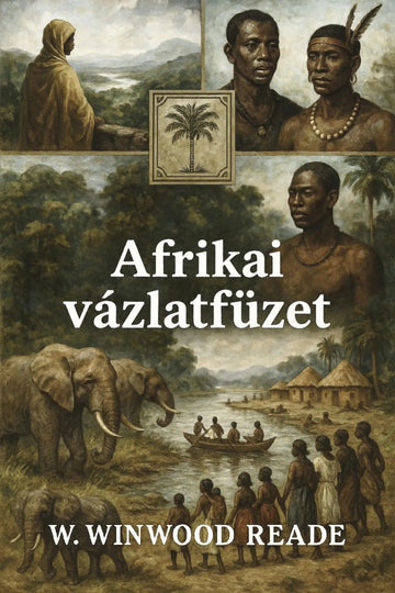 Book cover for 'Afrikai vázlatfüzet' by W. Winwood Reade, featuring a sepia-toned collage of African portraits, an elephant, a river scene with a boat, huts, and large white title text.