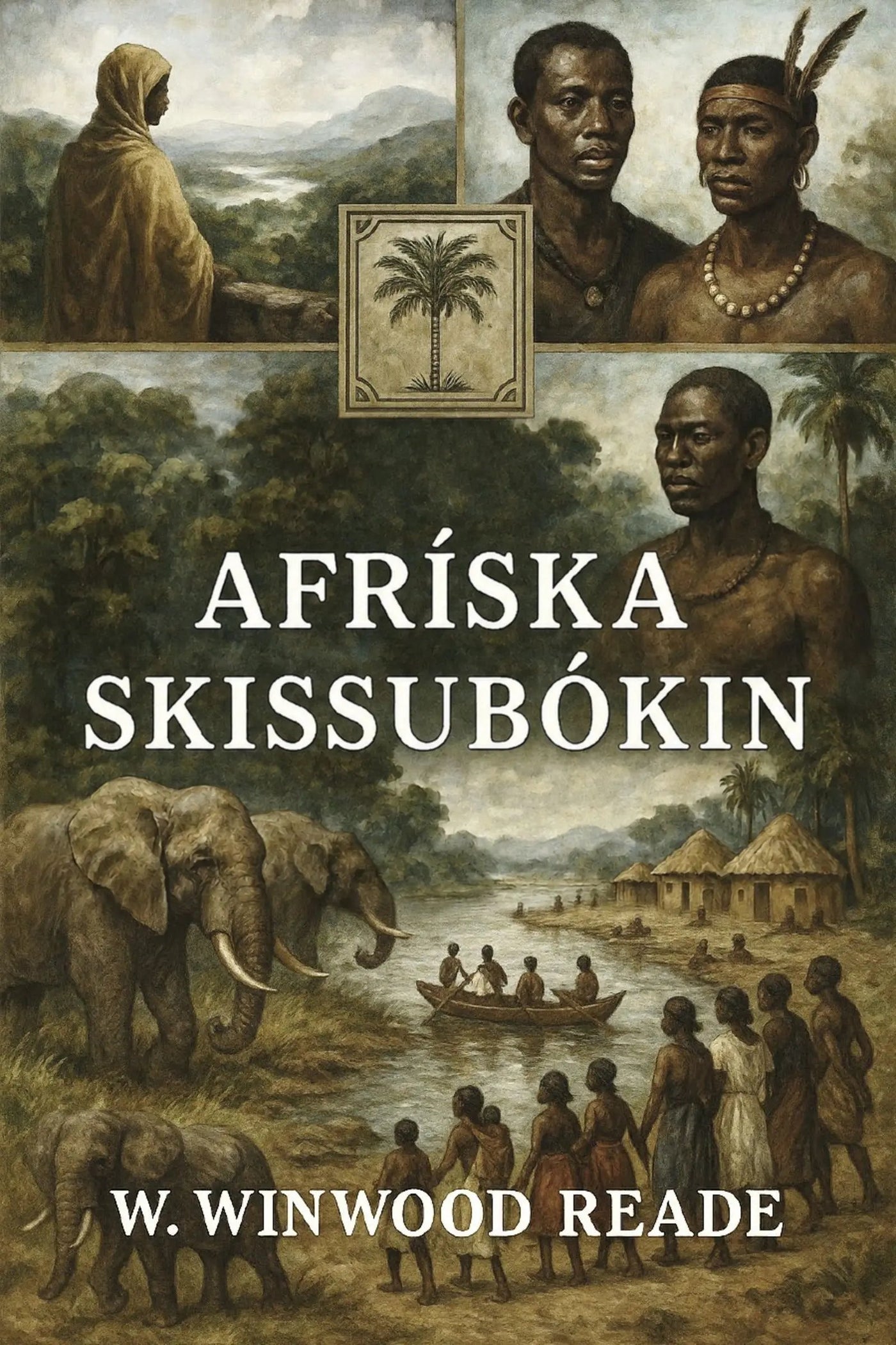 Book cover for 'Afríska skissubókin' by W. Winwood Reade, featuring a collage of historical illustrations including African figures, elephants, a boat on water, and a central palm tree emblem.