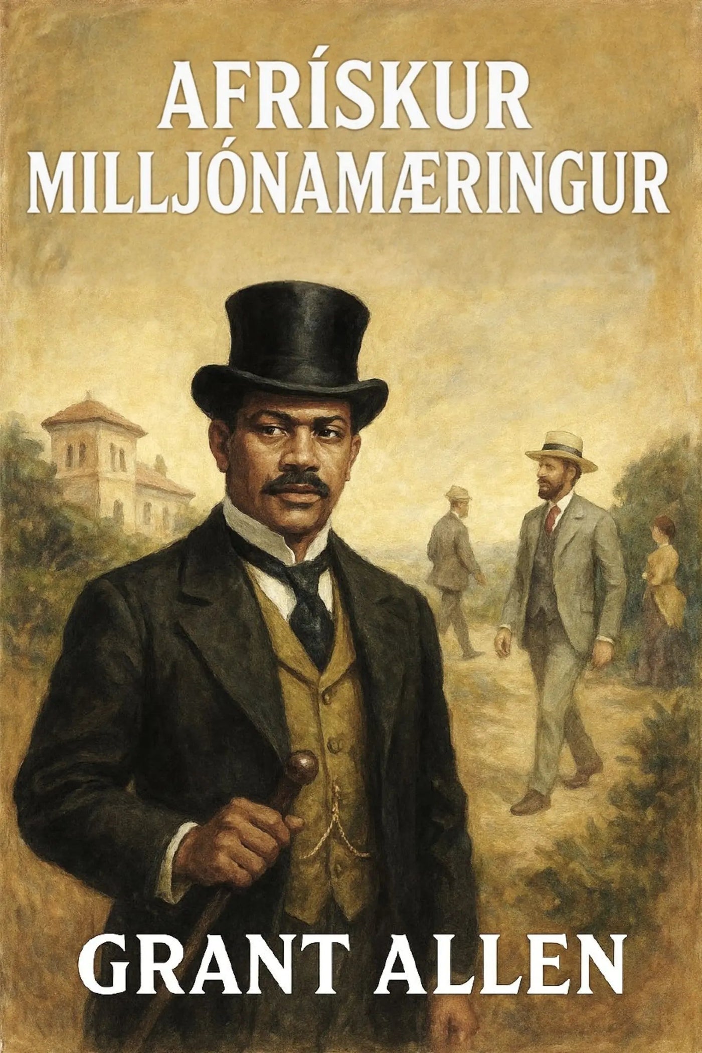 Book cover for 'Afrískur milljónamæringur' by Grant Allen, featuring a painted portrait of a man in a black top hat and dark suit against a sepia-toned background with other figures and buildings.