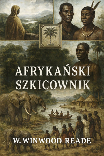 Book cover of 'Afrykański szkicownik' by W. Winwood Reade with illustrations of people and an elephant.