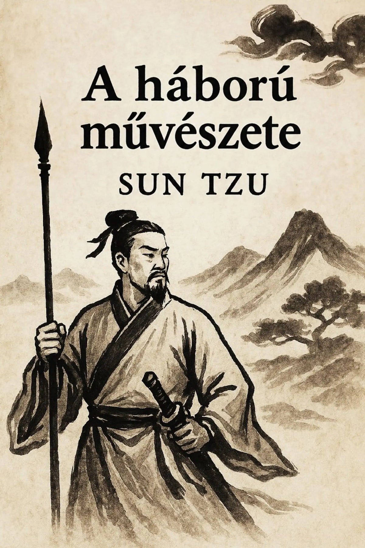 Vintage-style book cover for 'A háború művészete' featuring a sepia illustration of the historical figure Sun Tzu holding a spear.