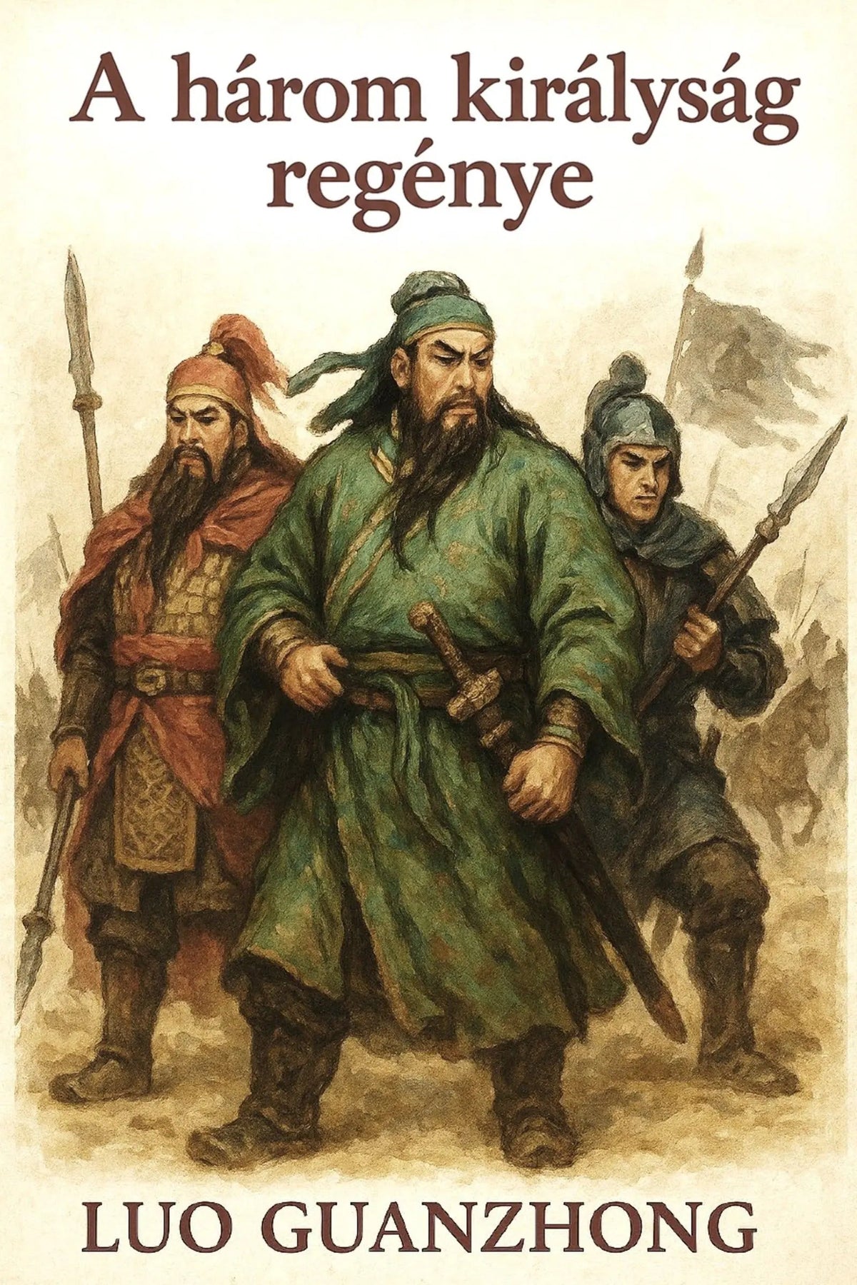 Book cover for 'A három királyság regénye' by Luo Guanzhong, featuring an illustration of three Chinese warlords on a parchment-like background.