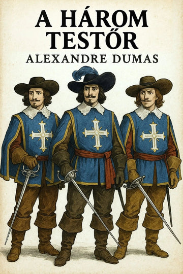 Book cover for 'A három testőr' by Alexandre Dumas, featuring an illustration of three historical soldiers in blue tunics with white crosses, brown hats, and swords, set against a warm beige background.