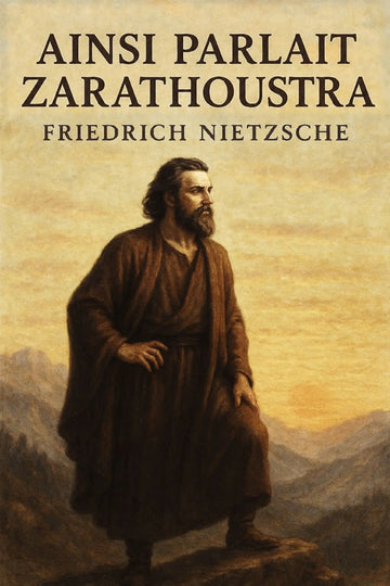 Book cover for 'Ainsi parlait Zarathoustra' by Friedrich Nietzsche, featuring a painted portrait of a bearded man in a brown robe standing against a warm beige sky and mountain landscape.
