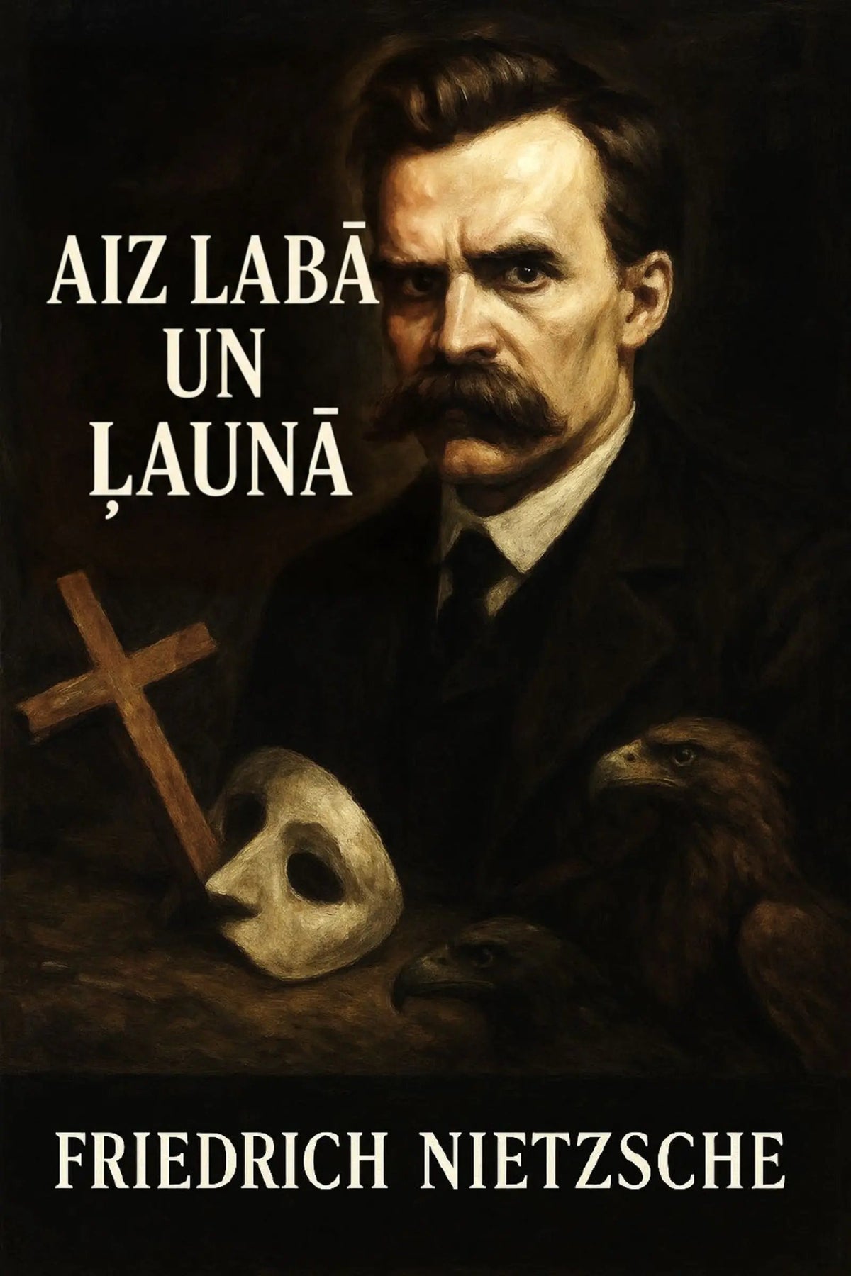 Book cover for Friedrich Nietzsche's 'Aiz labā un ļaunā' featuring a dark portrait of Nietzsche, a white mask, a wooden cross, and birds on a black background.