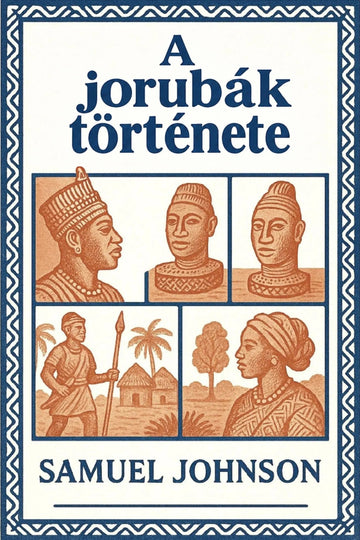 Book cover for 'A jorubák története' by Samuel Johnson, featuring a cream background with a blue border and blue title text, plus sepia-toned illustrated panels showing figures, faces, and a small landscape scene.