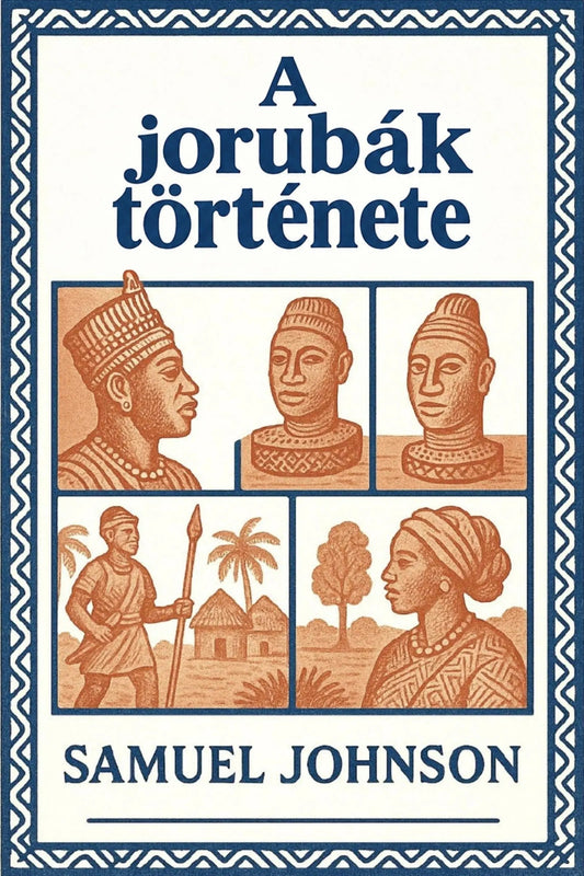 Book cover for 'A jorubák története' by Samuel Johnson, featuring a cream background with a blue border and blue title text, plus sepia-toned illustrated panels showing figures, faces, and a small landscape scene.
