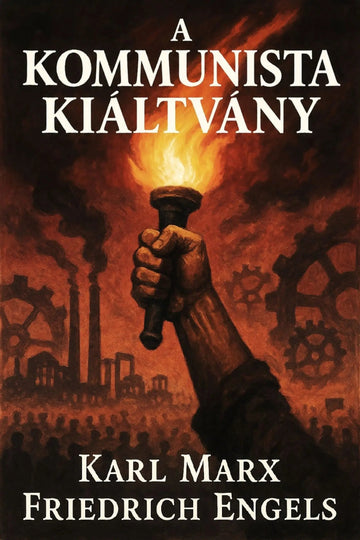 Book cover for 'A kommunista kiáltvány' by Karl Marx and Friedrich Engels, featuring a dramatic illustration of a hand holding a burning torch above a crowd and industrial factory scene in fiery red, orange, and black tones.