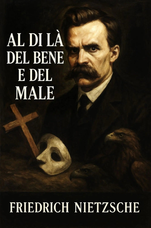 Book cover for Friedrich Nietzsche's 'Al di là del bene e del male', featuring a dark, moody portrait of Nietzsche with a mustache, alongside a cross, a white mask, and an eagle on a black background.