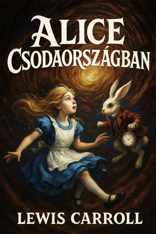 Book cover for 'Alice Csodaországban' by Lewis Carroll, featuring Alice in her blue and white dress running toward the White Rabbit holding a pocket watch against a swirling dark brown background.