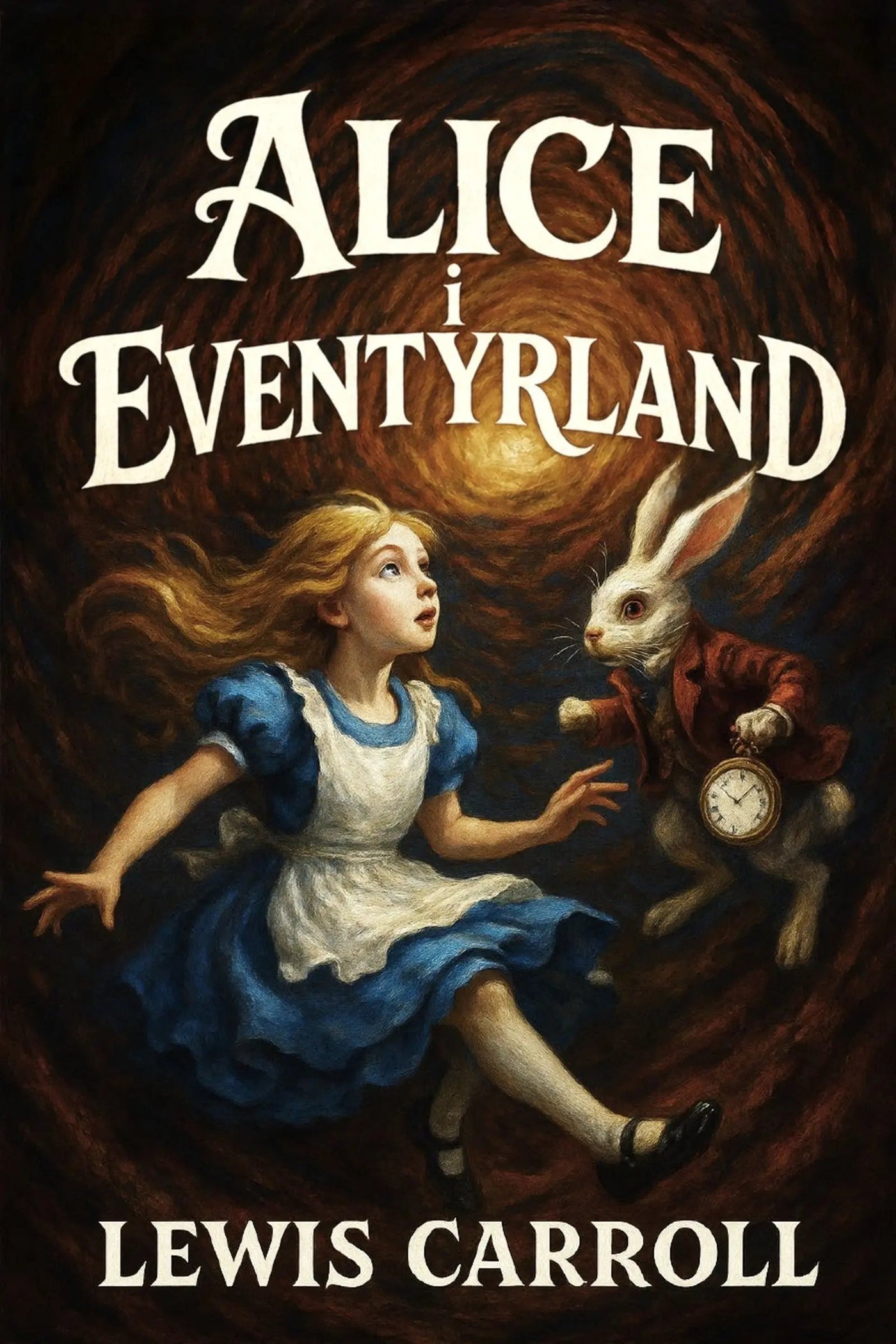 Book cover of 'Alice i Eventyrland' with Alice and the White Rabbit.