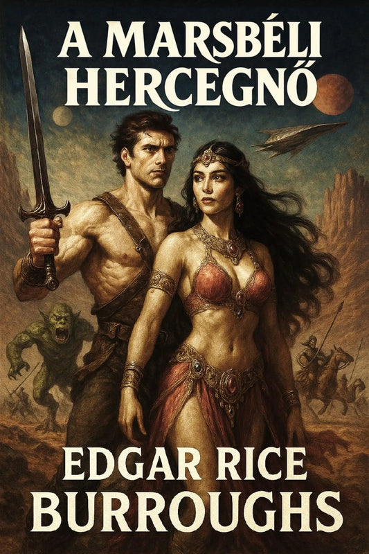 Book cover for 'A marsbéli hercegnő' by Edgar Rice Burroughs, featuring an illustrated scene of a muscular man holding a sword and a woman in ornate red and brown attire, with a desert fantasy landscape and text at the top and bottom.