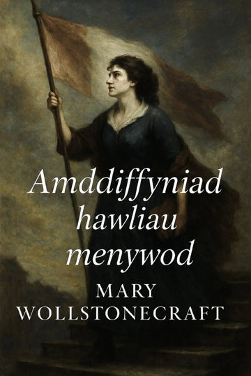 Book cover for 'Amddiffyniad hawliau menywod' by Mary Wollstonecraft, featuring a classical painting of a woman carrying a flag against a dark, moody background.