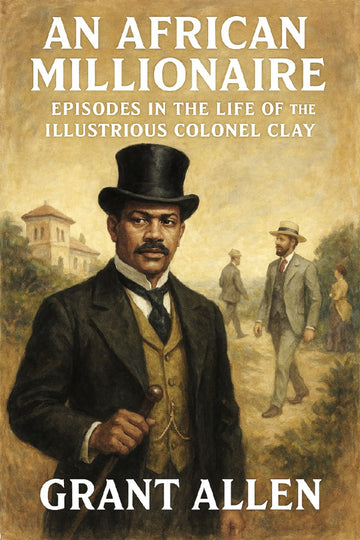 Book cover of 'An African Millionaire' by Grant Allen featuring a man in formal attire with a background of other people.