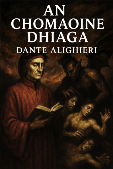 Book cover of 'An Chomaoine Dhiaga' by Dante Alighieri with a dark background and central figure holding a book.