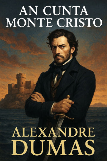 Book cover of 'An Cunta Monte Cristo' by Alexandre Dumas with a man holding a sword and a castle in the background.
