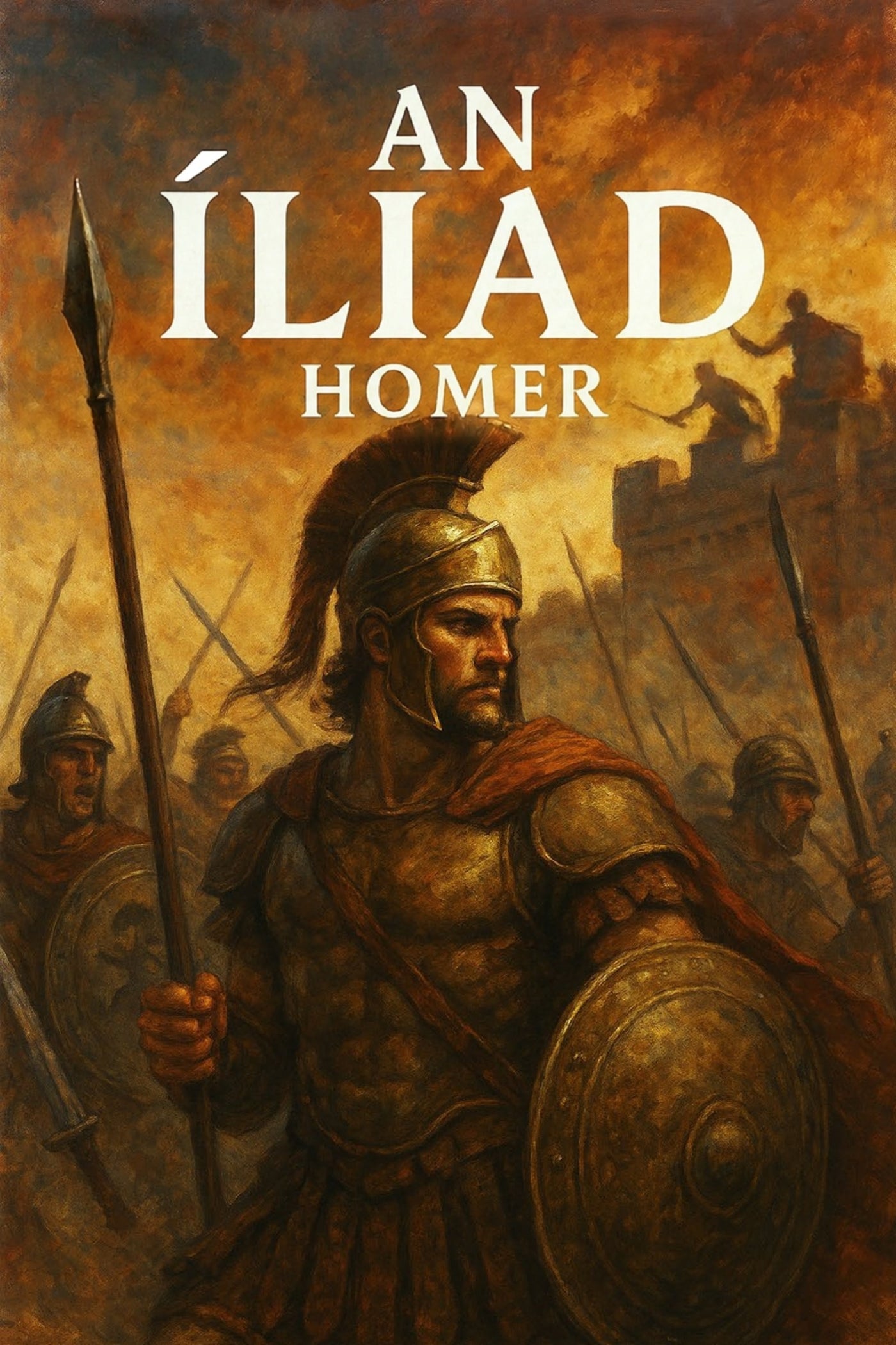Book cover of 'An Íliad' by Homer featuring a warrior in armor with a battle scene in the background.