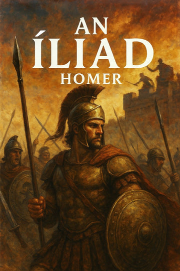 Book cover of 'An Íliad' by Homer featuring a warrior in armor with a battle scene in the background.