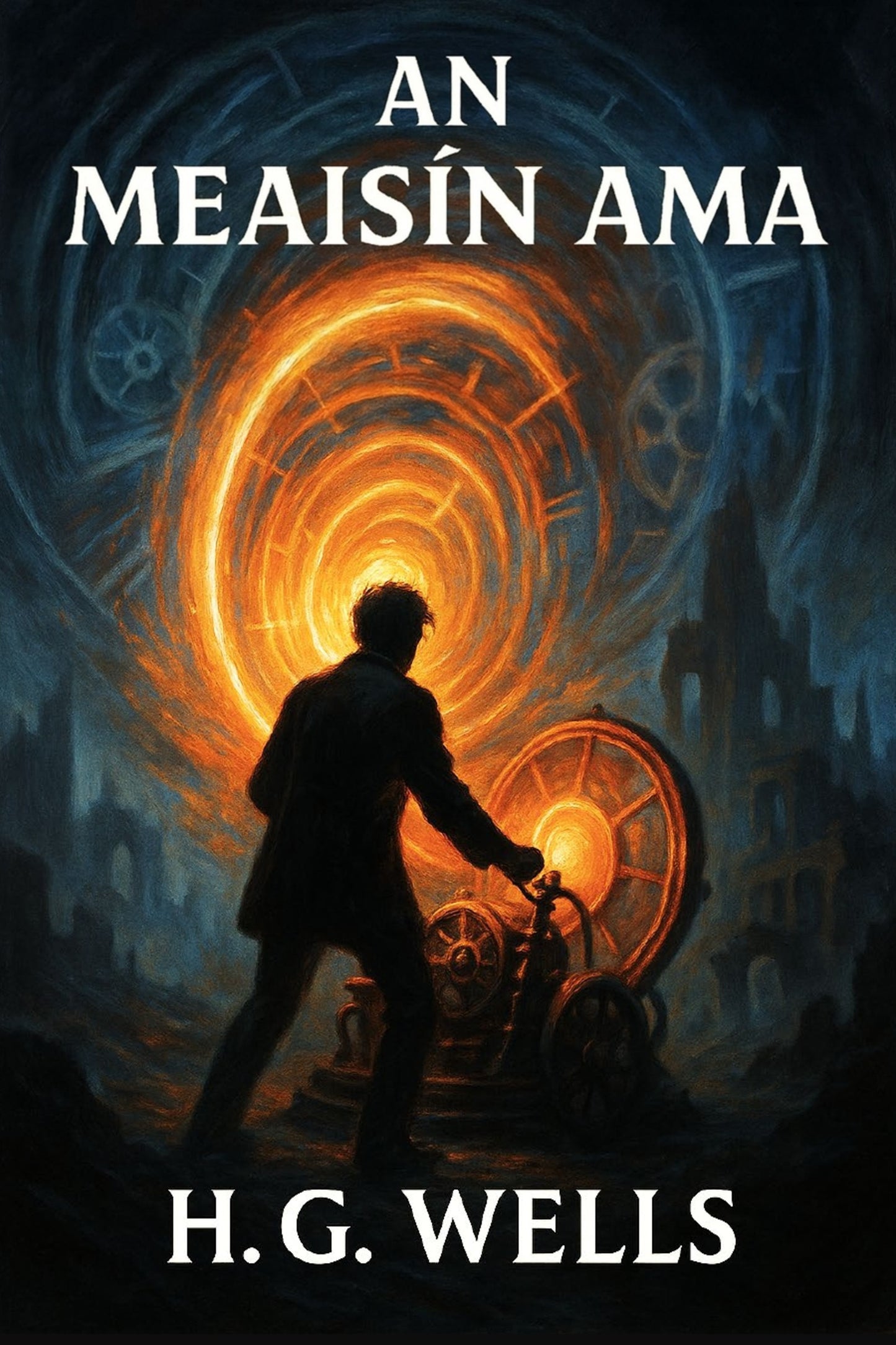 Book cover of 'An Meaisin Ama' by H.G. Wells with a silhouette of a person and mechanical design.