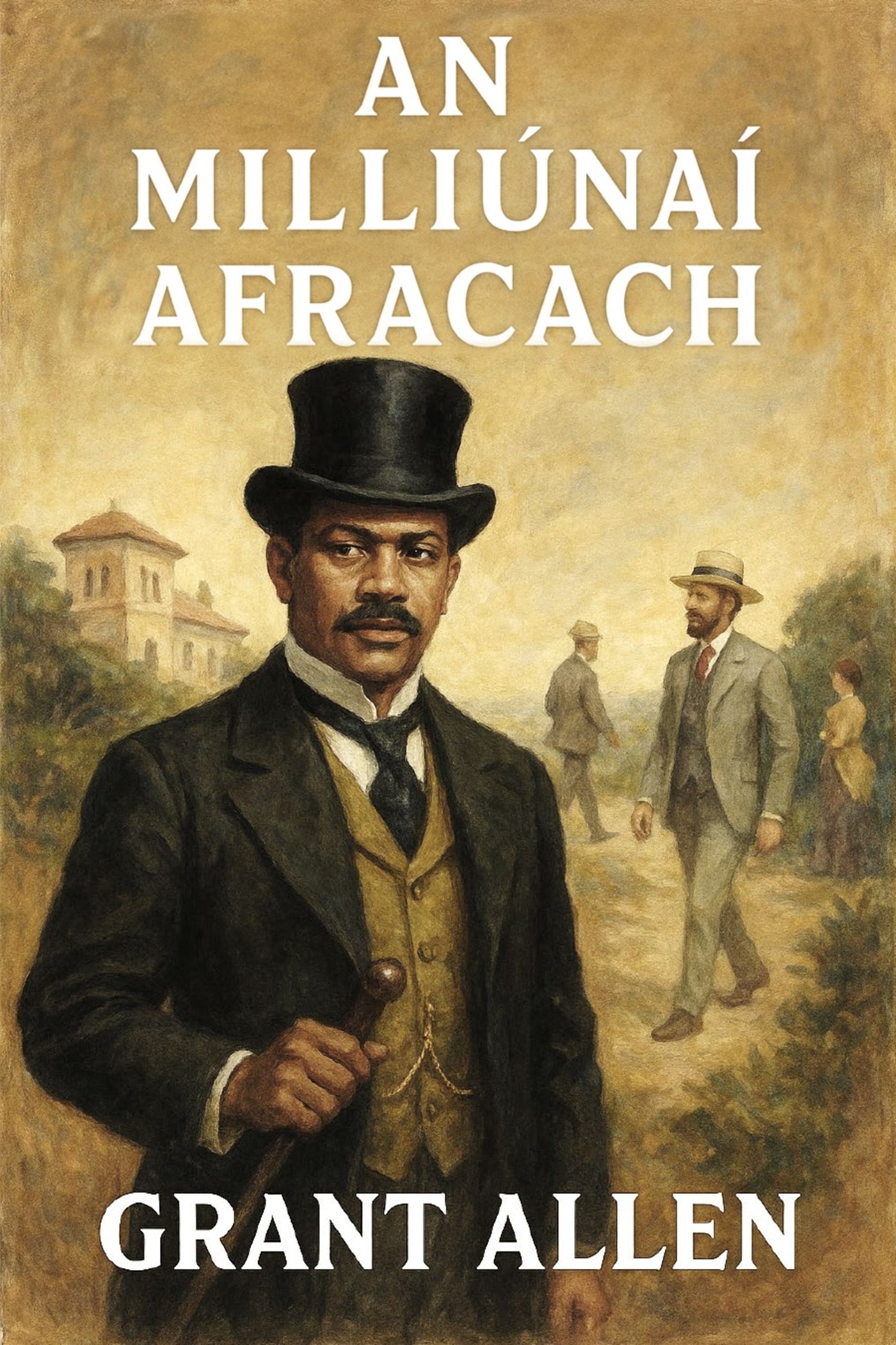 Book cover of 'An Milliúnaí Afracach' by Grant Allen with a historical scene and man in top hat.