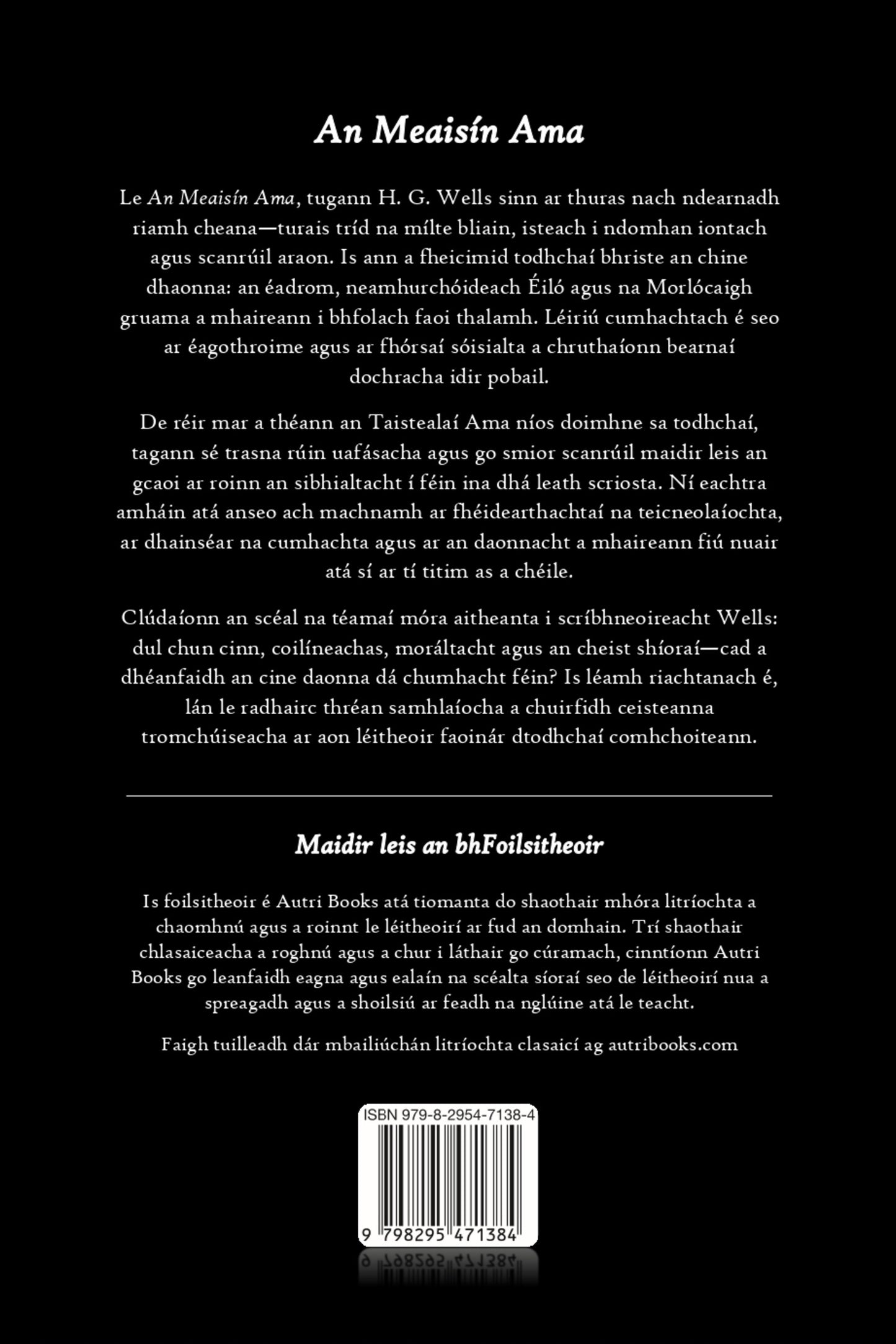 Back cover of a book with text and a barcode on a black background