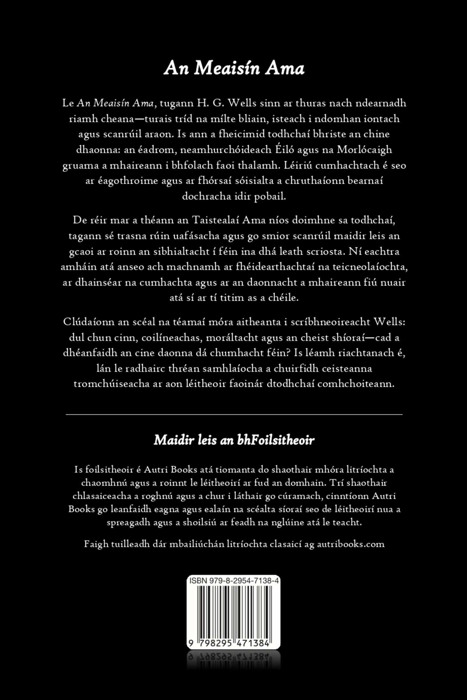 Back cover of a book with text and a barcode on a black background