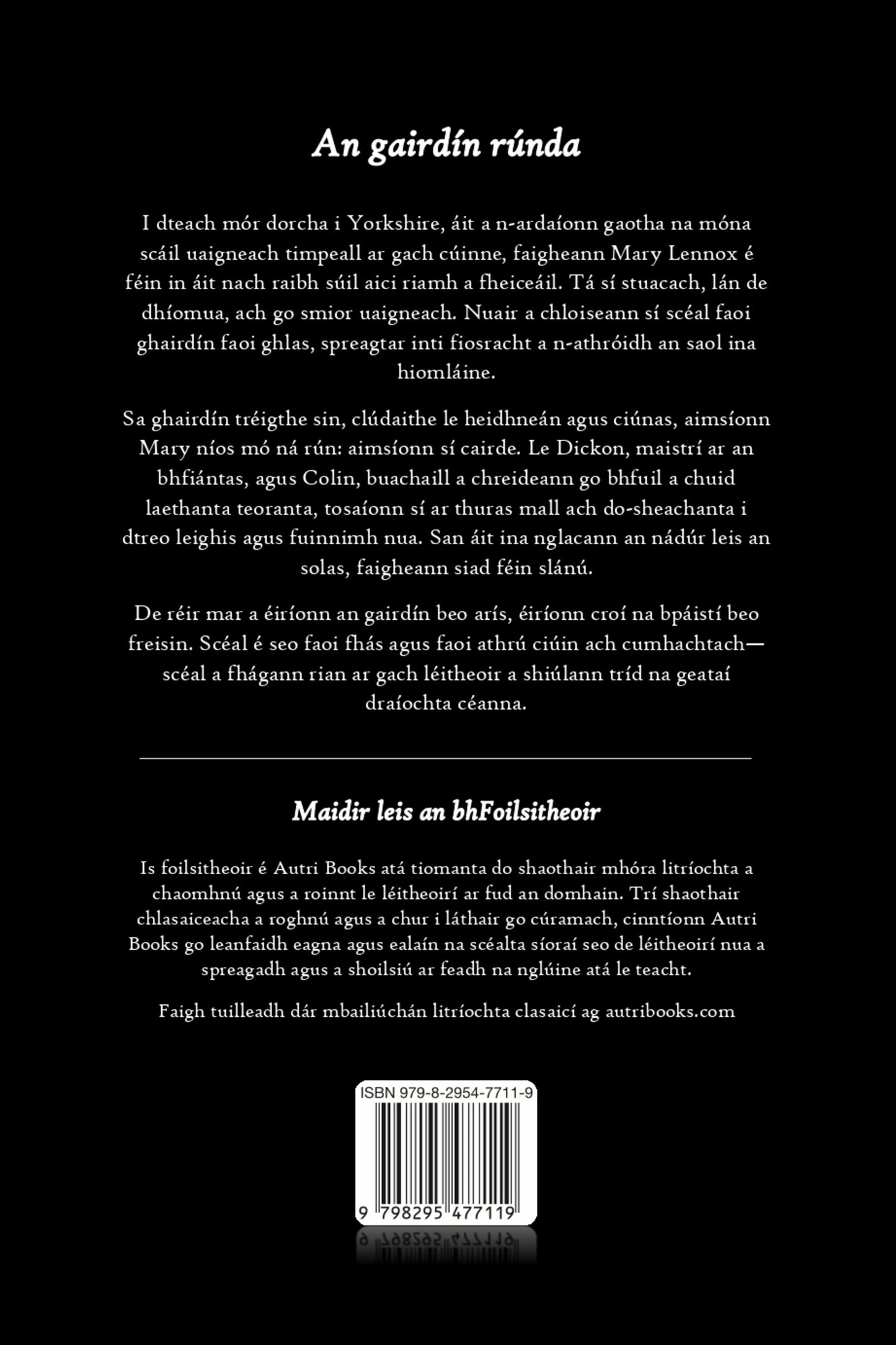 Back cover of a book with text in Irish, featuring a logo and text at the bottom.