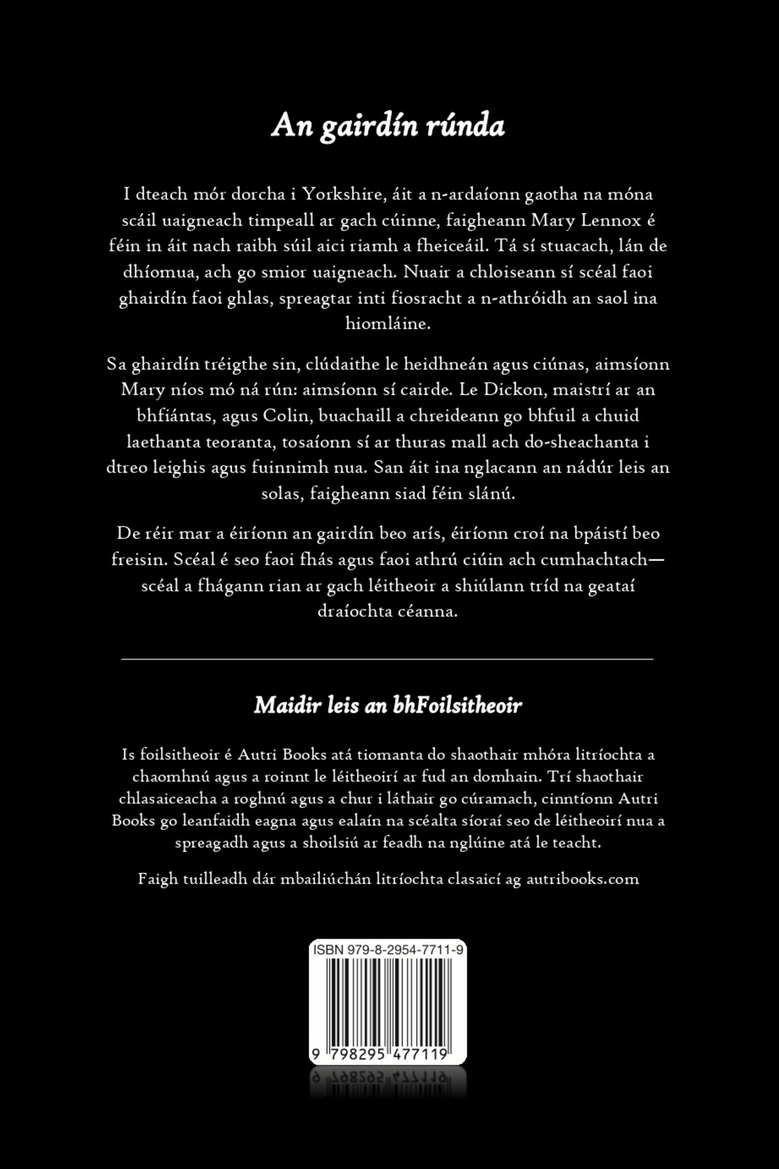 Back cover of a book with text in Irish, featuring a logo and text at the bottom.