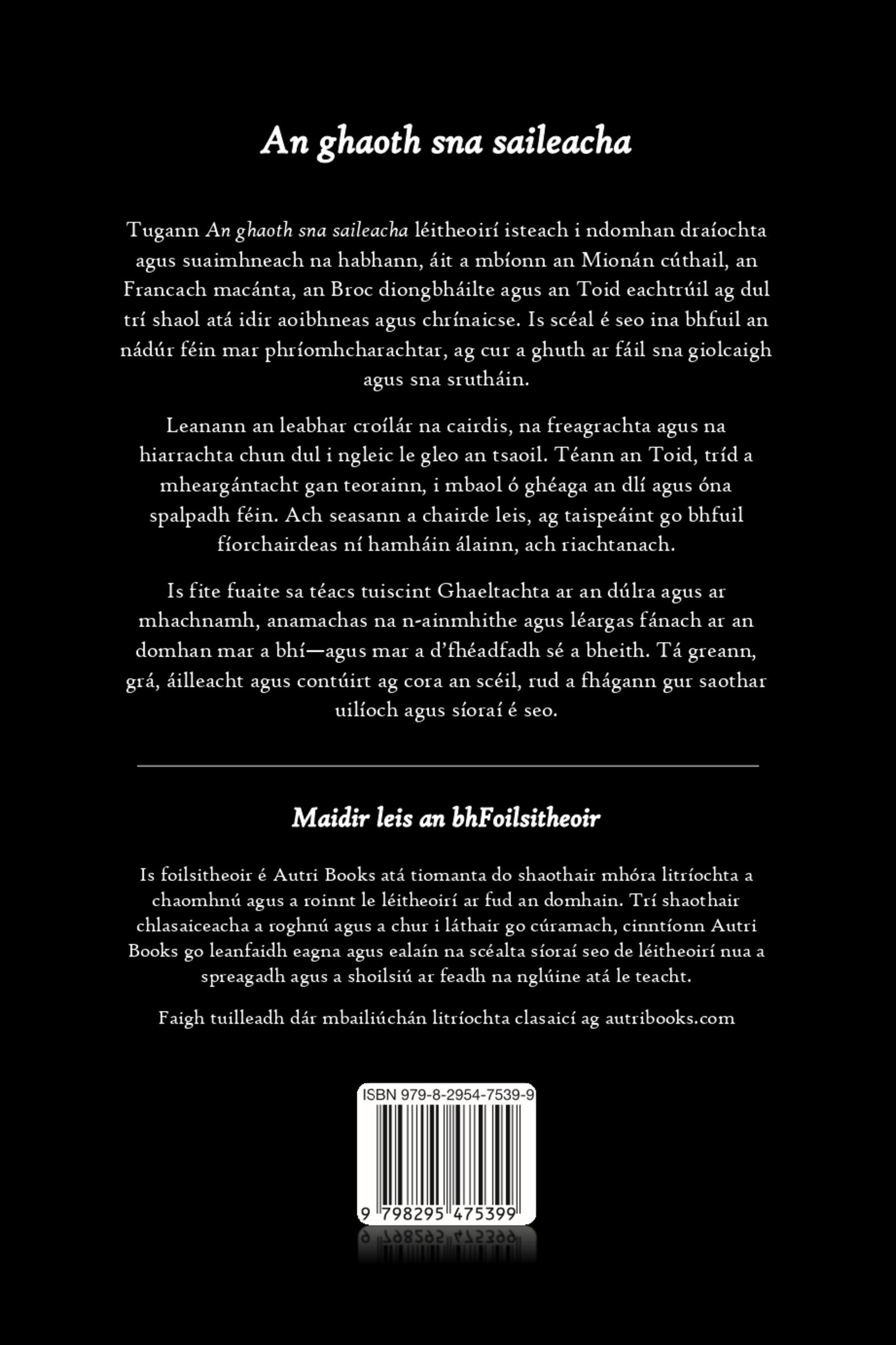 Back cover of a book with text in Irish on a black background