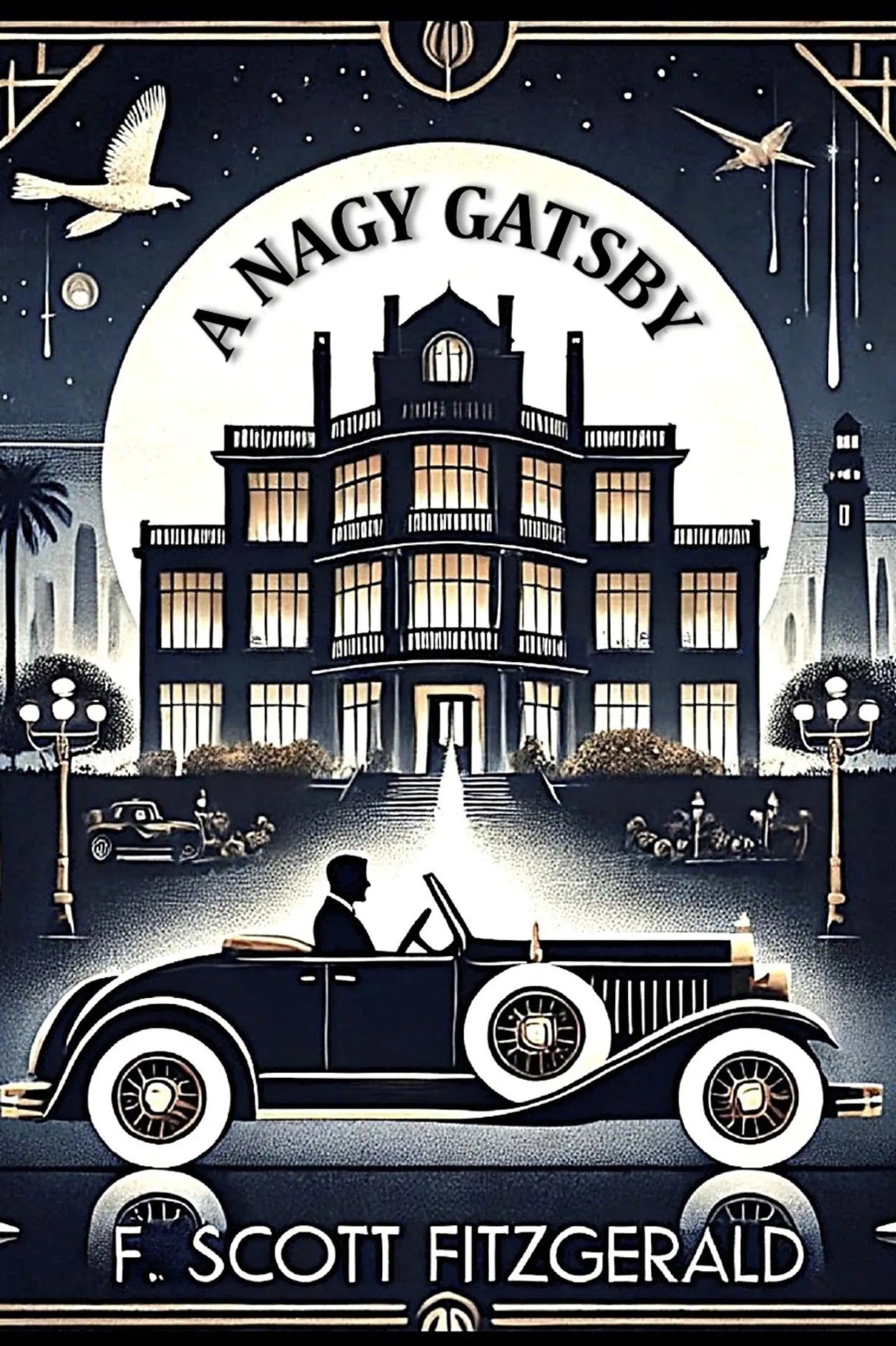 A stylized book cover for 'A nagy Gatsby' by F. Scott Fitzgerald, featuring a large mansion under a full moon, a vintage convertible car with a driver in the foreground, and decorative Art Deco elements on a dark navy background.