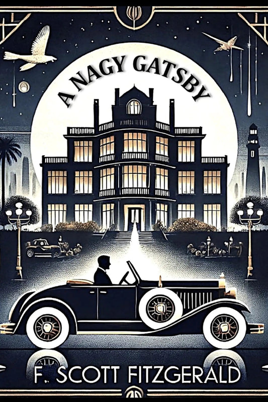 A stylized book cover for 'A nagy Gatsby' by F. Scott Fitzgerald, featuring a large mansion under a full moon, a vintage convertible car with a driver in the foreground, and decorative Art Deco elements on a dark navy background.