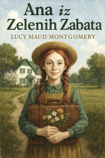Book cover of 'Ana iz Zelenih Zabata' by Lucy Maud Montgomery featuring a girl with braided hair holding flowers and a suitcase.
