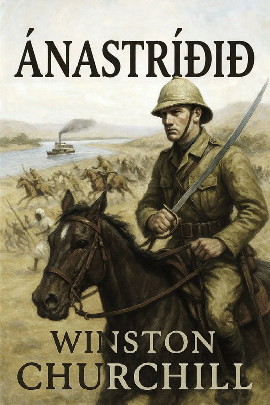 Book cover for 'Ánastríðið' by Winston Churchill, featuring a historical illustration of a British cavalry soldier on horseback holding a sword, with a river scene and steamboat in the background.
