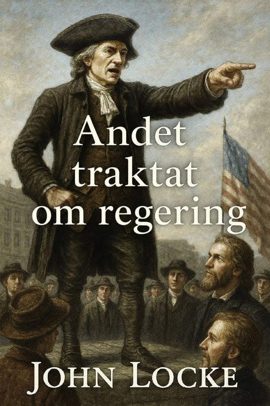 Book cover for 'Andet traktat om regering' by John Locke, featuring a historical painting of George Washington pointing toward an American flag, with the title and author name in white text.