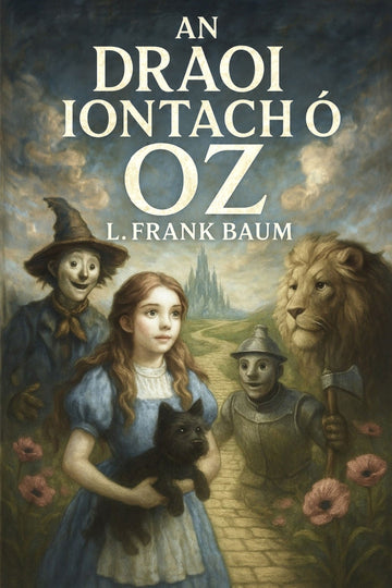 Book cover of 'An draoi iontach ó Oz' with characters and text in Irish.