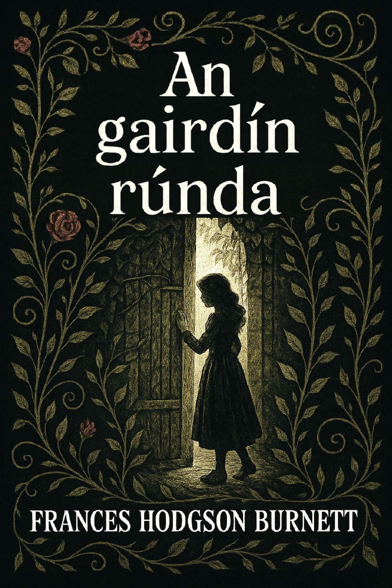 Book cover of 'An gairdin runda' with a silhouette of a girl and decorative text and images.