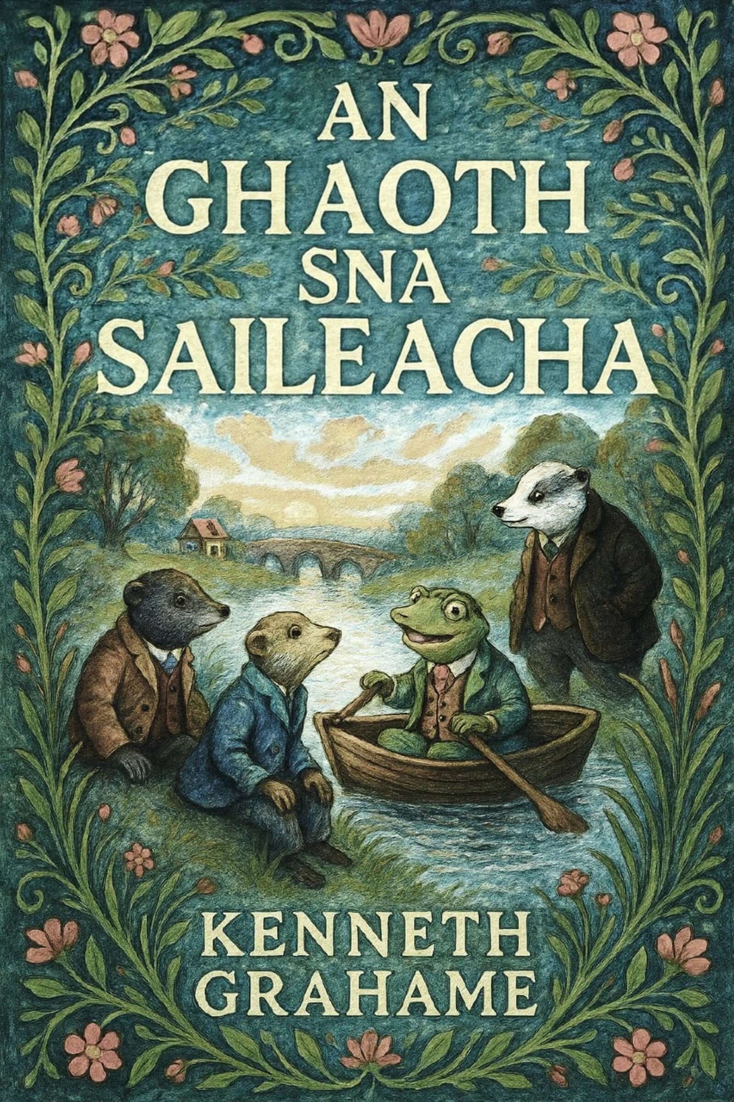 Book cover of 'An Ghaoth Sna Saileacha' by Kenneth Grahame with animals in a boat and decorative border.