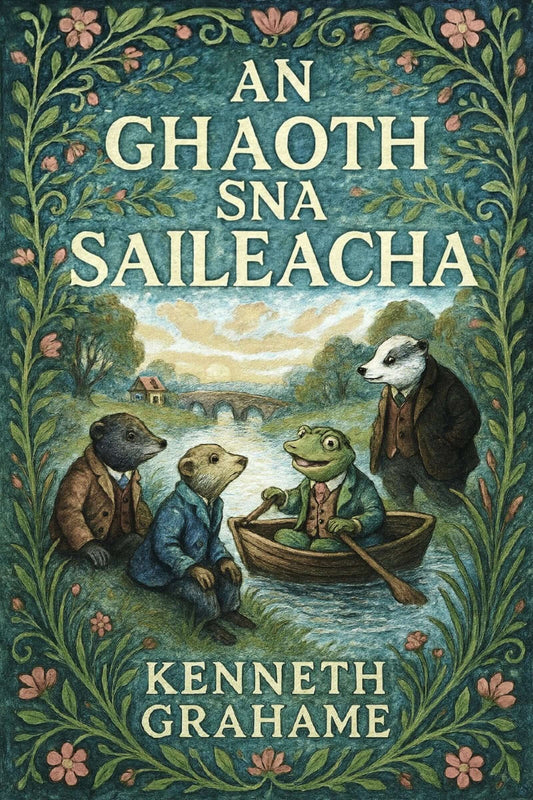 Book cover of 'An Ghaoth Sna Saileacha' by Kenneth Grahame with animals in a boat and decorative border.